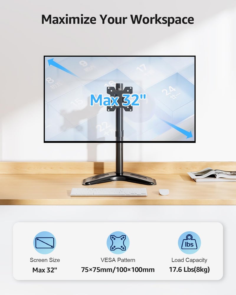 MOUNTUP Single Monitor Stands, Freestanding VESA Monitor Desk Mount fits 13'' to 32'' Computer Screen with Height Adjustable, Swivel, Tilt, Rotation, Holds up to 17.6 lbs, VESA 75x75/100x100 MU0023 - Image 2